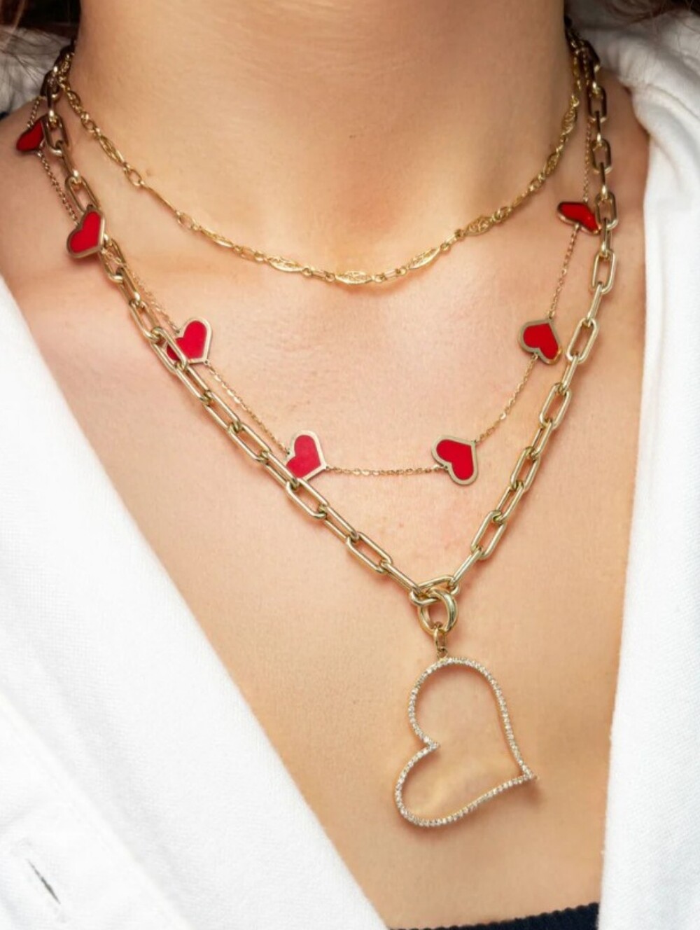 The Lovery Designer 14k Yellow Gold Red Coral Heart Station Necklace